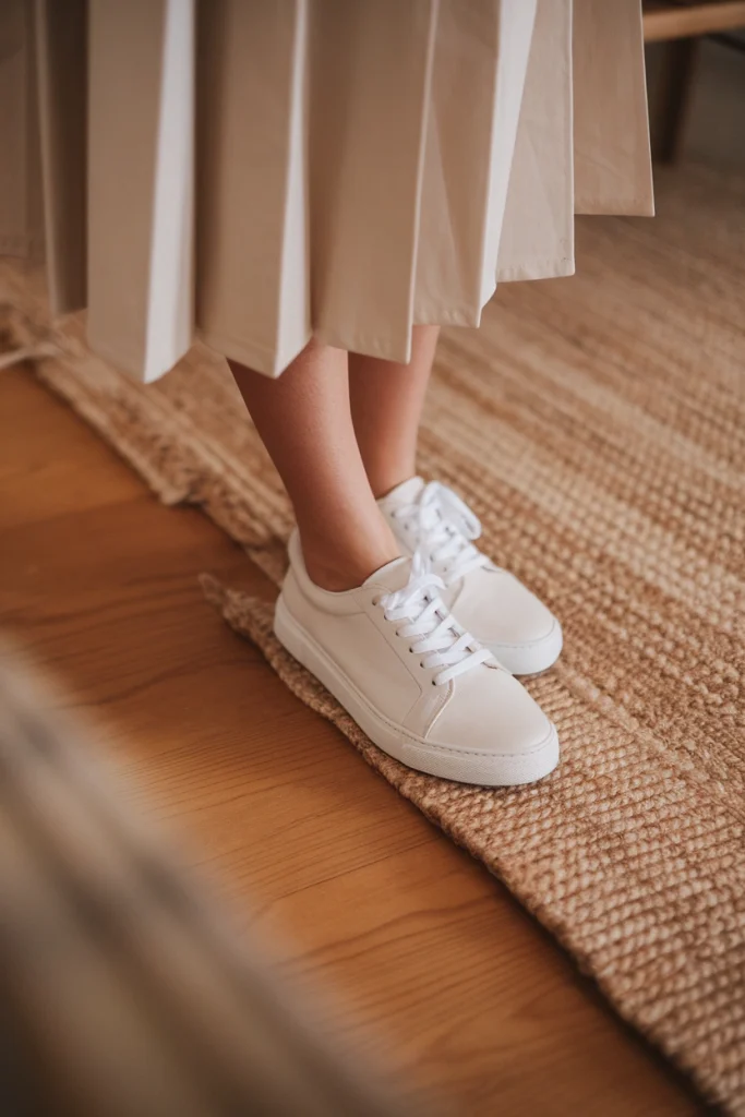 Close-up of pleated oat skort styled with white leather court sneakers on hardwood