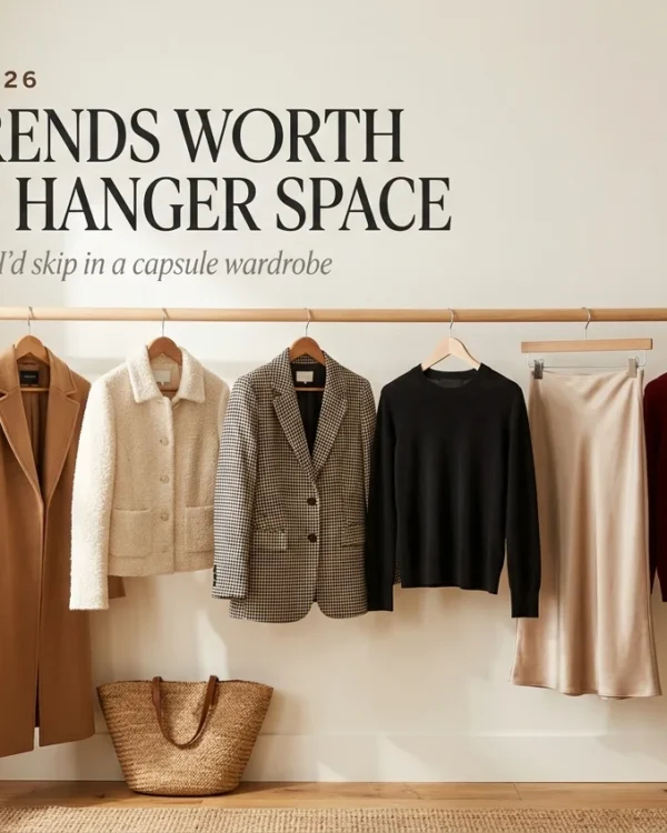 Closet rail of camel coat, boucle jacket and satin skirt showing fall fashion trends 2026 for a capsule wardrobe