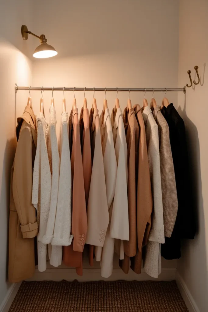 Closet rail of fourteen neutral pieces on wooden hangers forming a clean girl capsule wardrobe.