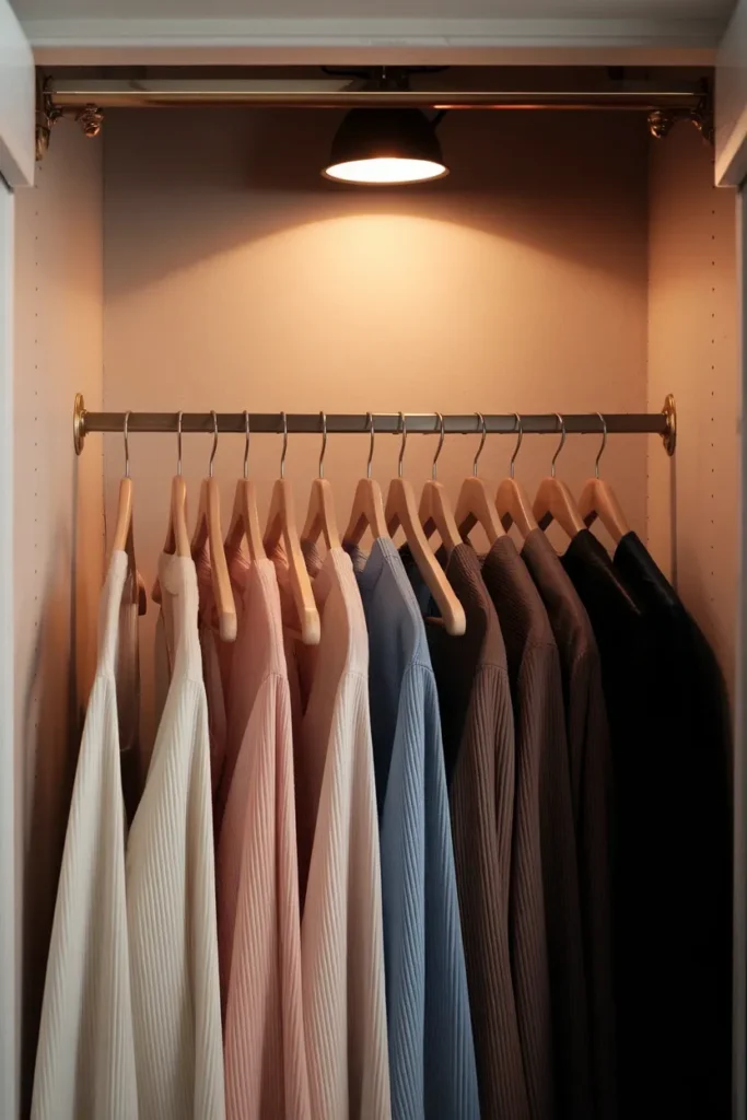 Closet rail of twelve garments graduating from icy pale to deep espresso showing 12 season color depth.