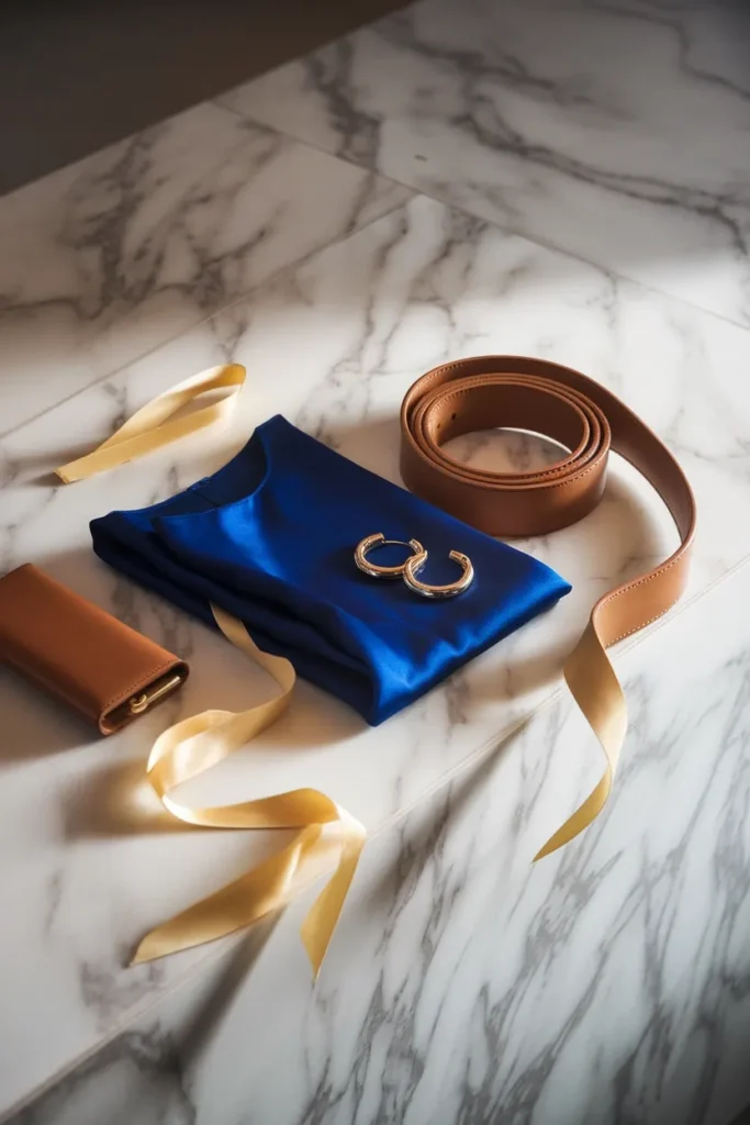 Cobalt blue silk shell styled with camel belt and espresso clutch on marble