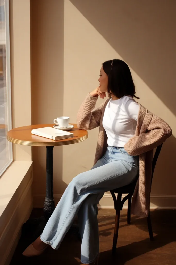 Coffee date outfit with straight-leg jeans, white tee and oat cardigan at a café window