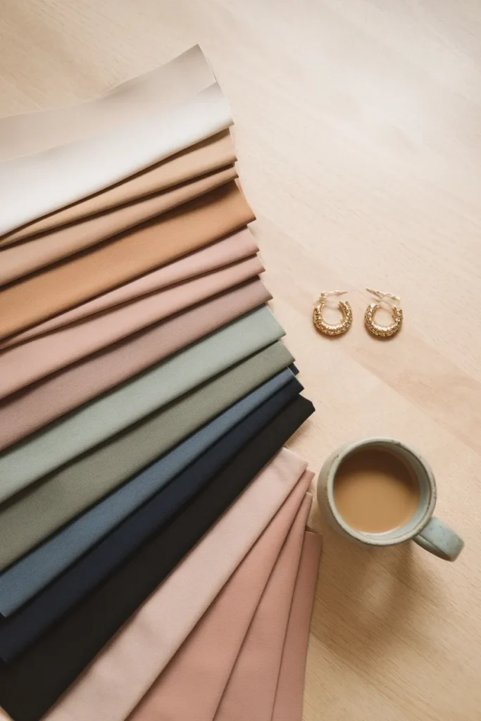 Color analysis chart laid out as twelve fabric swatch cards in neutral wardrobe colors on oak