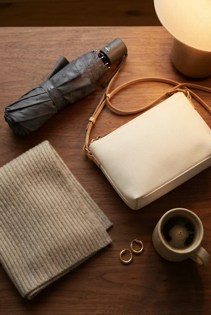 Compact umbrella, coated canvas crossbody bag and wool scarf arranged for a rainy day.