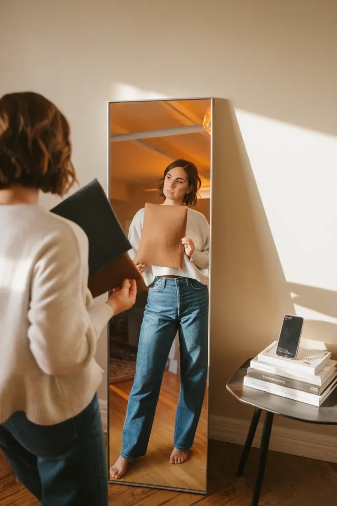Comparing camel and charcoal drapes in a mirror during an at-home color analysis test