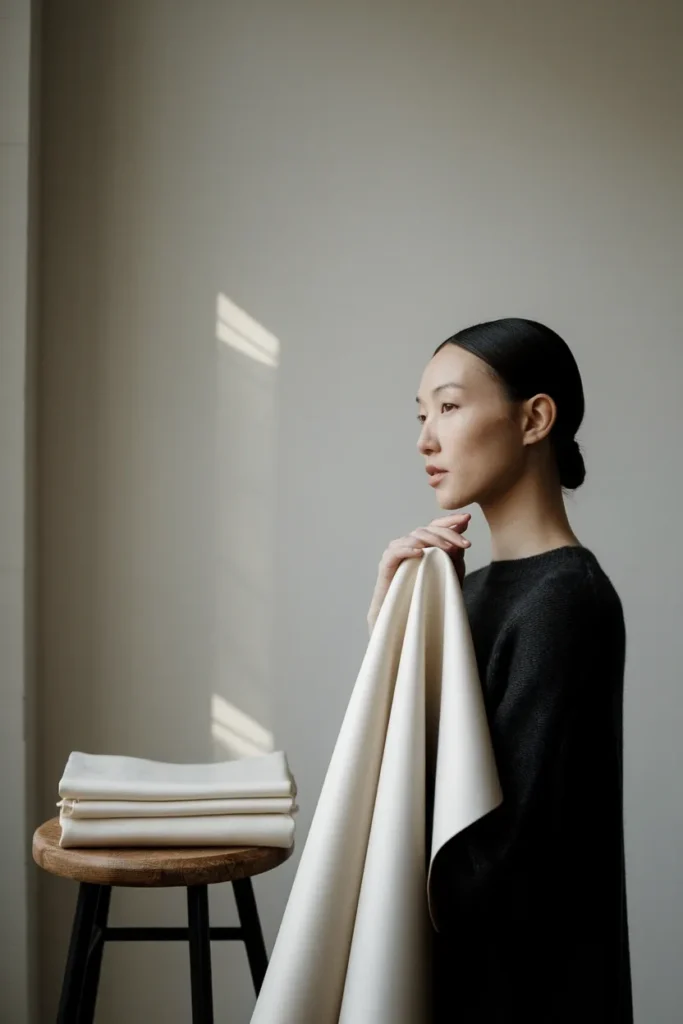Cool daylight drape test comparing stark white and ivory fabric for winter color analysis
