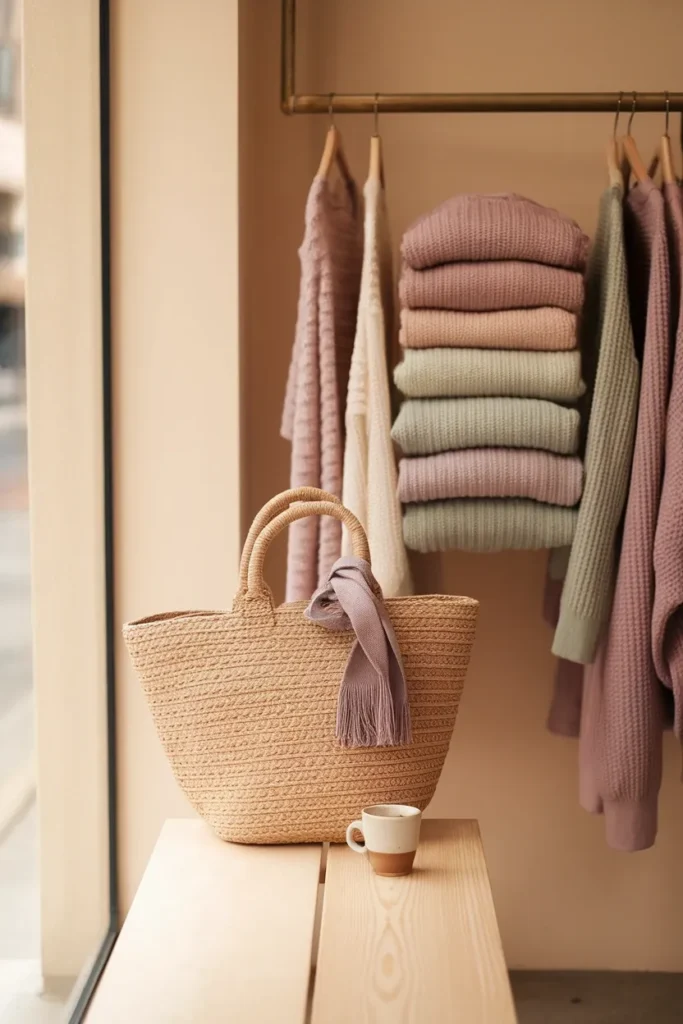 Cool-toned gray, sage, and mauve knits on a retail rail beside a woven tote
