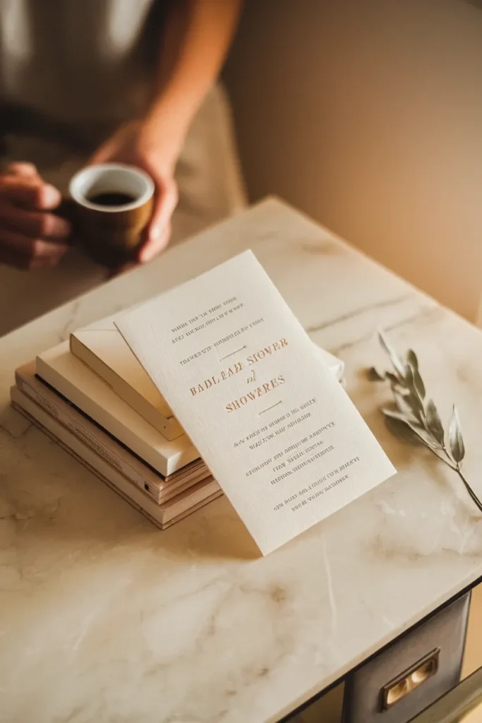 Cream baby shower invitation on marble beside an espresso cup in soft side window light