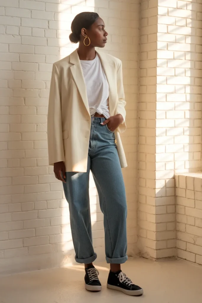 Cream blazer, tucked white tee, cuffed indigo jeans and black Converse low tops