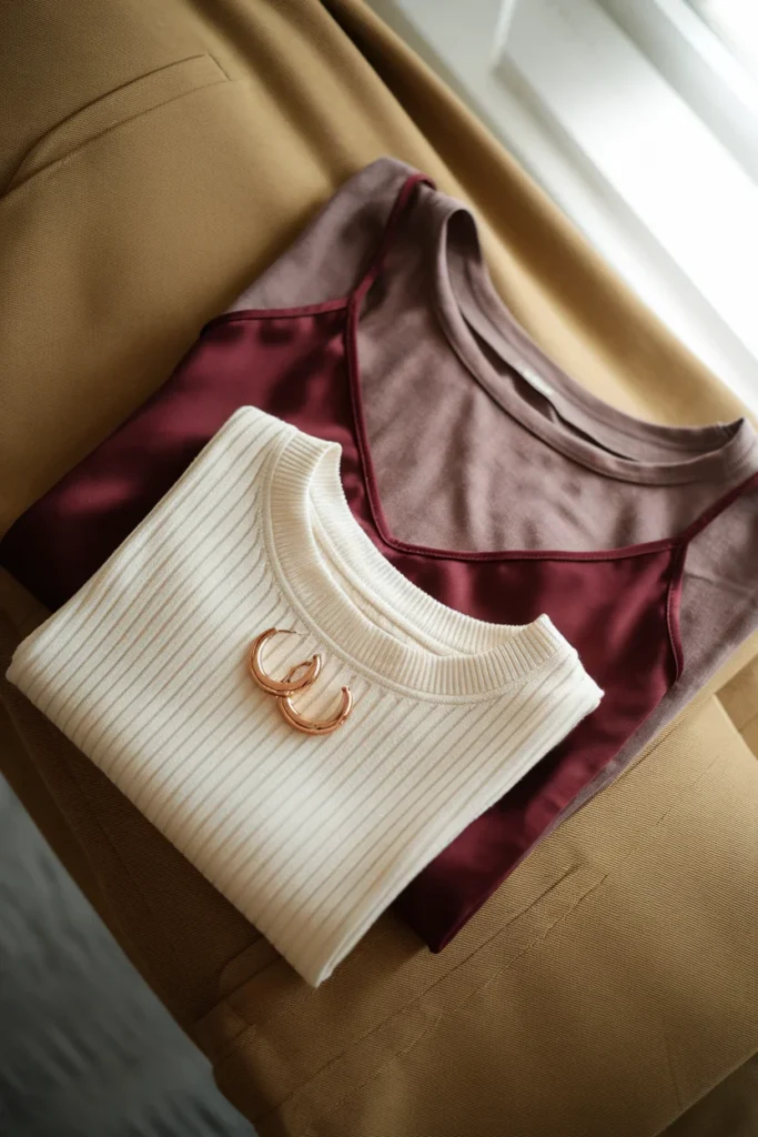 Cream, burgundy, and brown tops laid across warm sand khaki pants with gold hoops