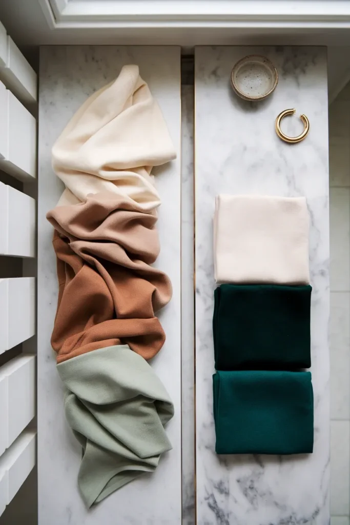Cream camel and sage compared against stark white espresso and emerald for winter palettes