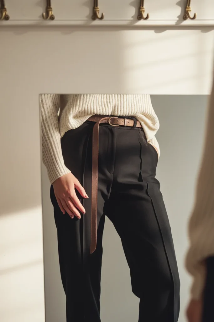 Cream knit tucked into black joggers with a leather belt showing the hemline rule