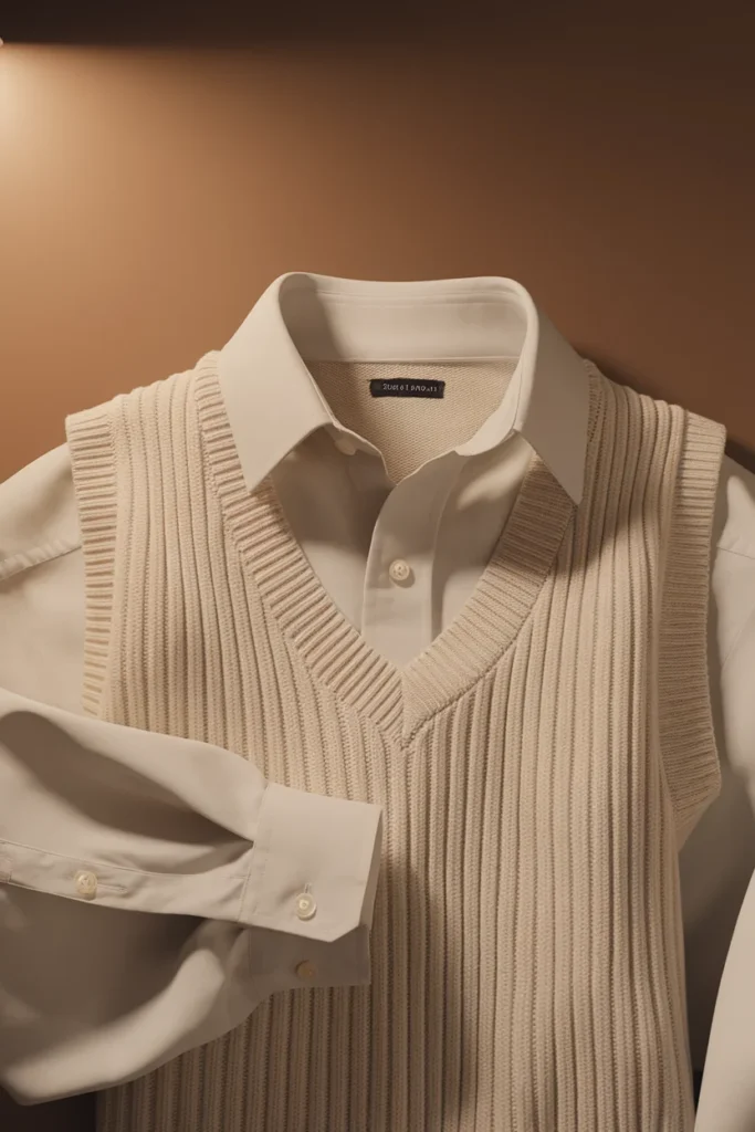 Cream sweater vest layered over a white button-down with the collar out and cuff rolled back