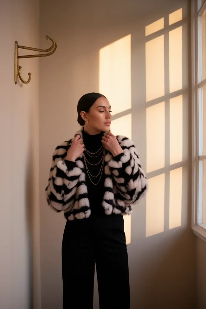 Cropped black faux fur jacket over black turtleneck, mob wife style formula in action