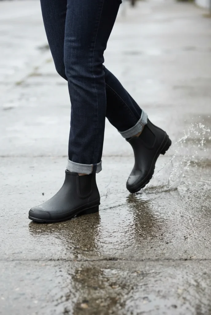 Cropped cuffed jeans and rubber Chelsea boots clearing the splash zone on wet pavement.