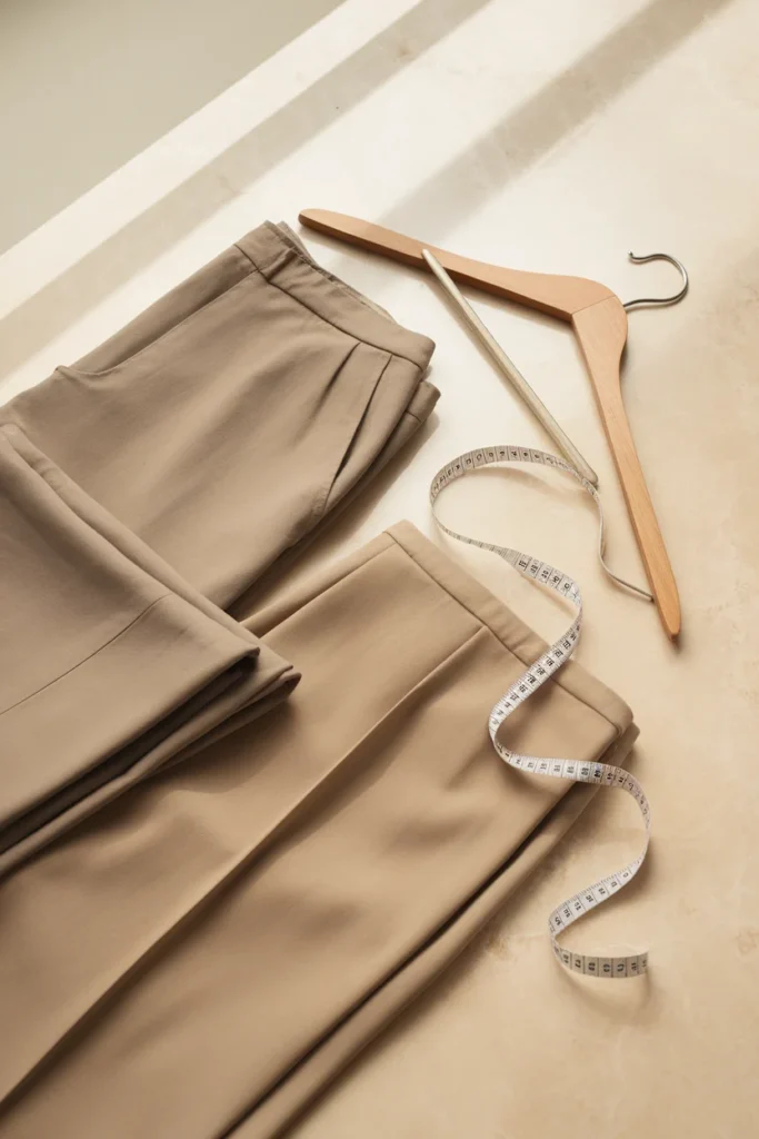 Cropped straight, wide leg, and barrel leg khaki pants folded on marble with a measuring tape
