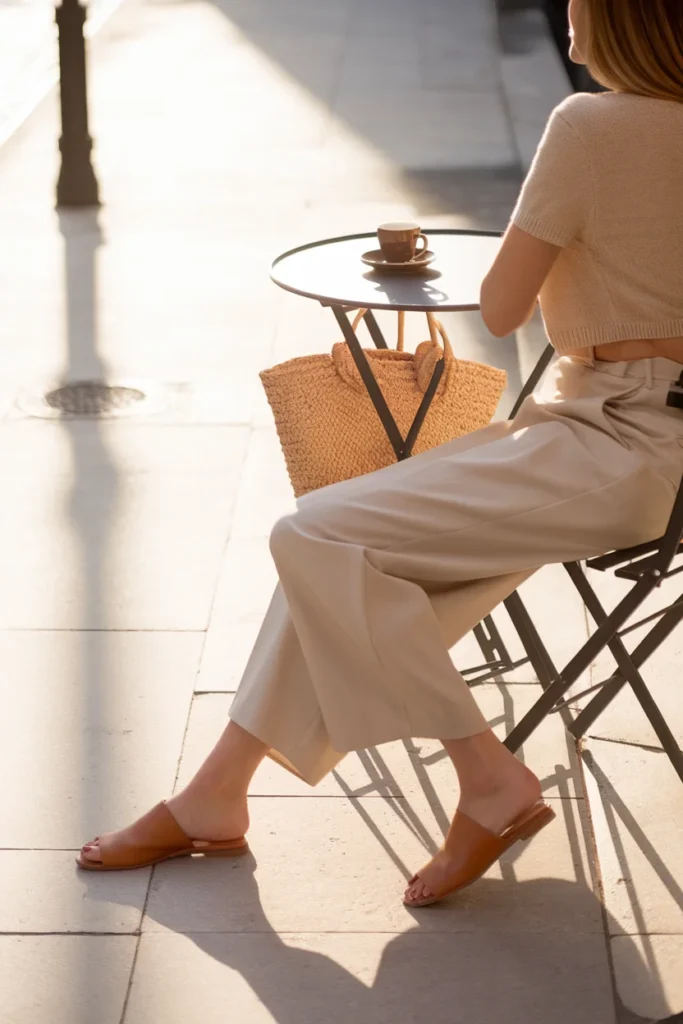 Cropped white wide-leg pants styled with an oatmeal knit tee and tan sandals at a café
