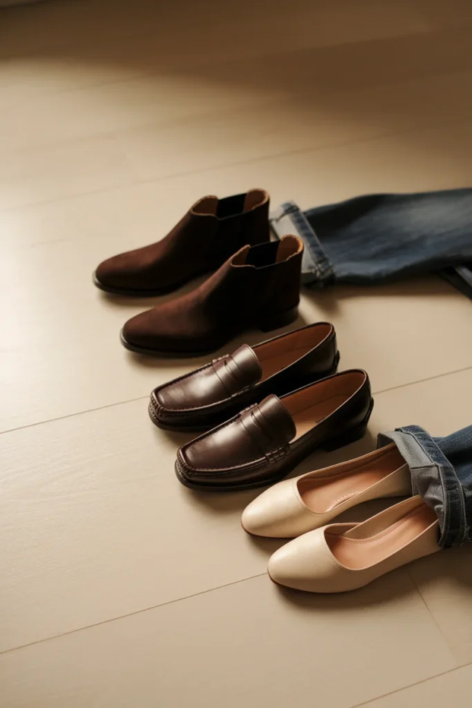Cuffed denim overall hem styled with loafers ankle boots and ballet flats