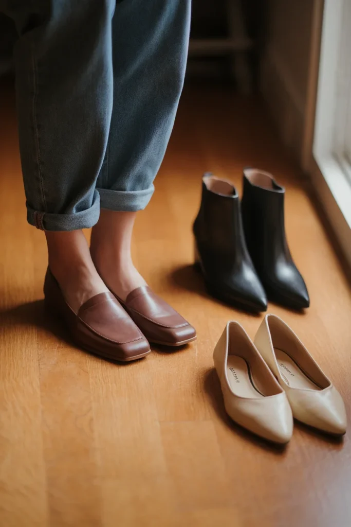 Cuffed mom jean hem showing the ankle gap above brown loafers, boots and flats nearby