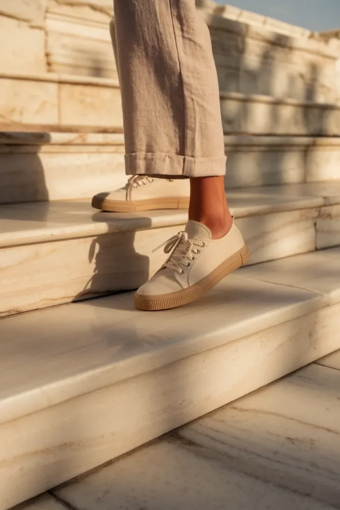 Cushioned sneakers on polished ancient marble steps, the safest shoe for Greek sites