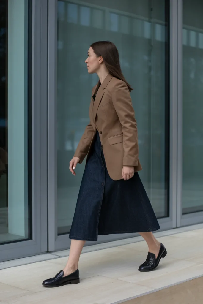 Dark denim dress with structured camel blazer and black loafers for business casual