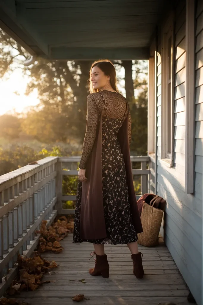 Dark floral midi dress layered over a black mesh top with an espresso duster cardigan and oxblood boots