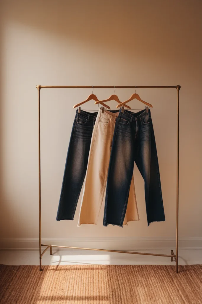 Dark indigo, ecru, and washed black mom jeans hanging on wooden hangers