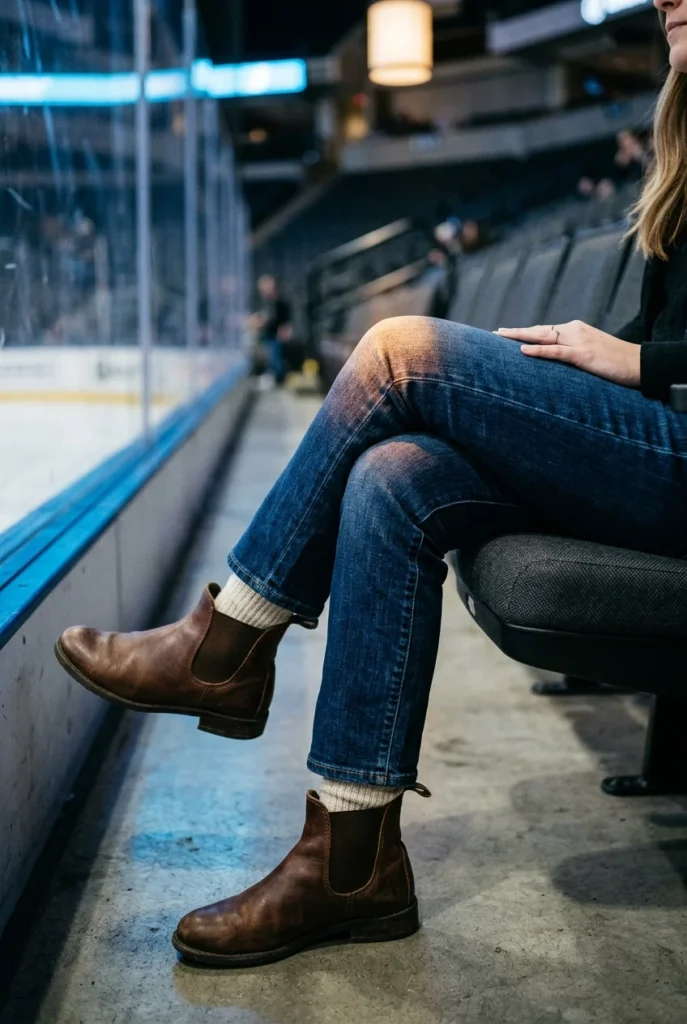 Dark straight leg jeans and brown Chelsea boots seated at a hockey game.