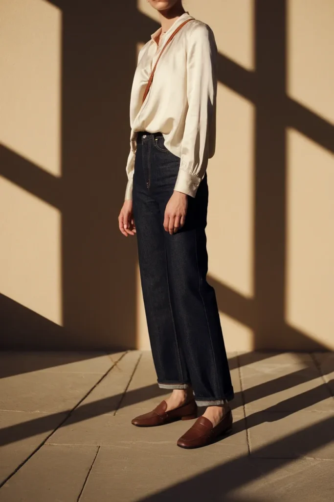 Dark straight leg jeans with a tucked cream blouse and loafers, a casual church outfit idea