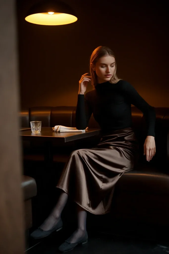 Date night balletcore outfit with espresso satin midi skirt and black knit top