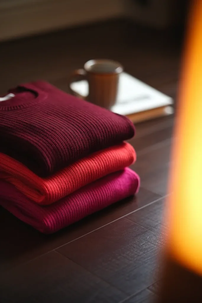 Deep, cool, and bright winter subtype knits stacked to show palette differences