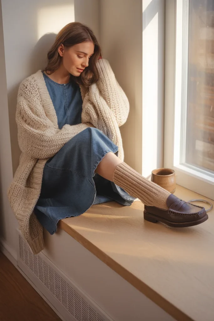 Denim dress with cream cardigan, slouchy socks, and espresso loafers for fall