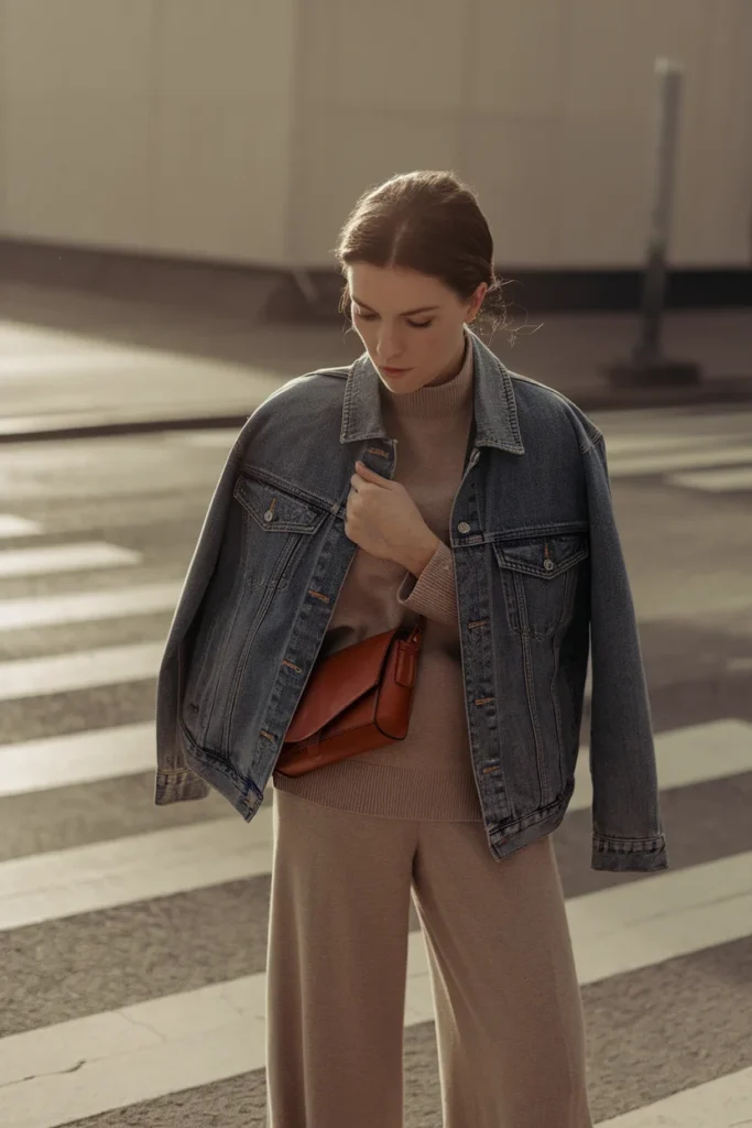 Denim jacket layered over a fine merino knit with wide-leg trousers in fall