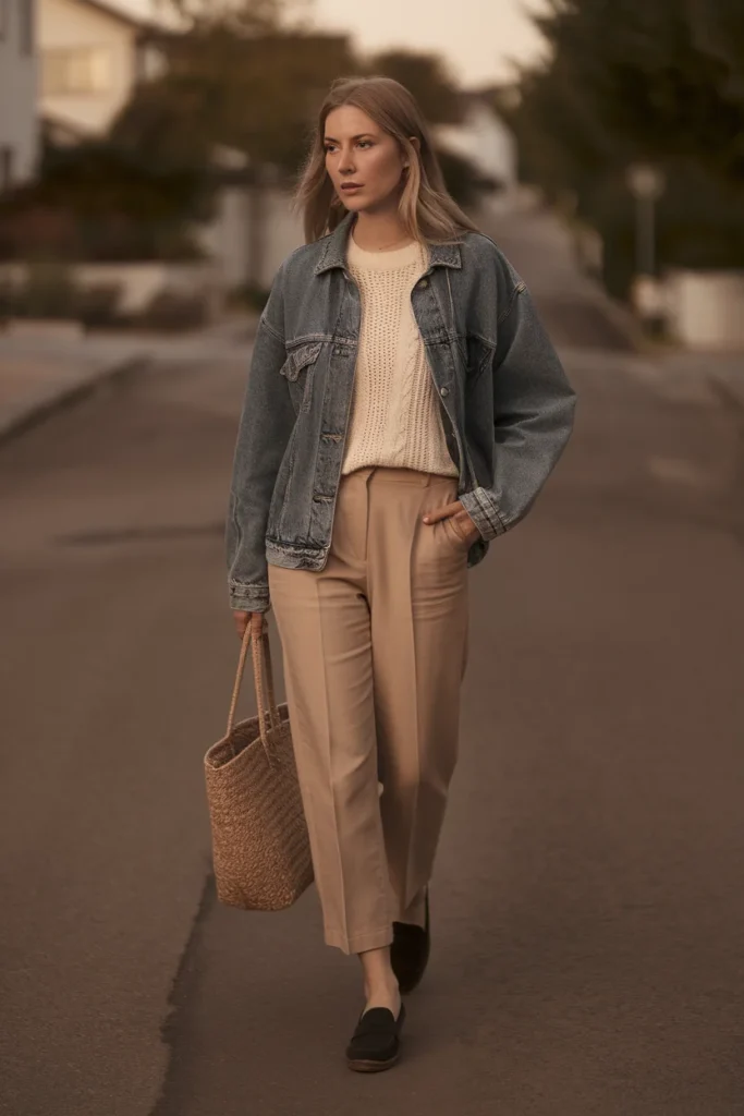 Denim jacket layering over a cream knit and oatmeal trousers on a fall street