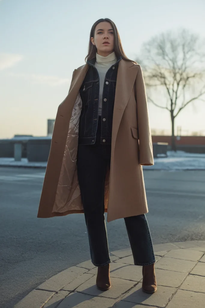 Denim jacket worn as a mid layer under a camel wool coat in winter