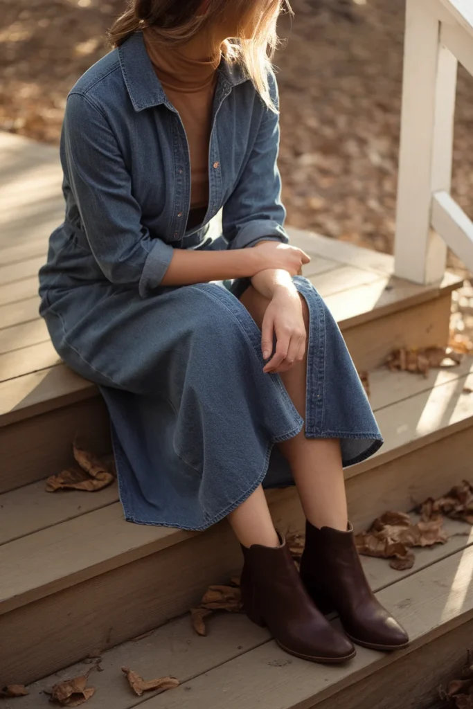 Denim midi dress layered over camel turtleneck with espresso ankle boots for fall