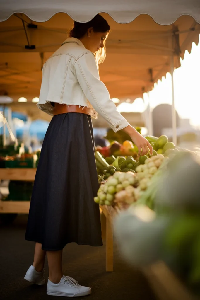 Denim on denim outfit with ecru cropped jacket over dark indigo denim dress