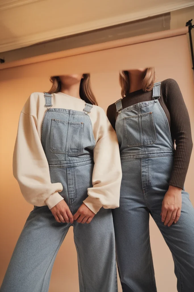 Denim overalls styled with a bulky sweatshirt versus a fitted ribbed knit showing contrast