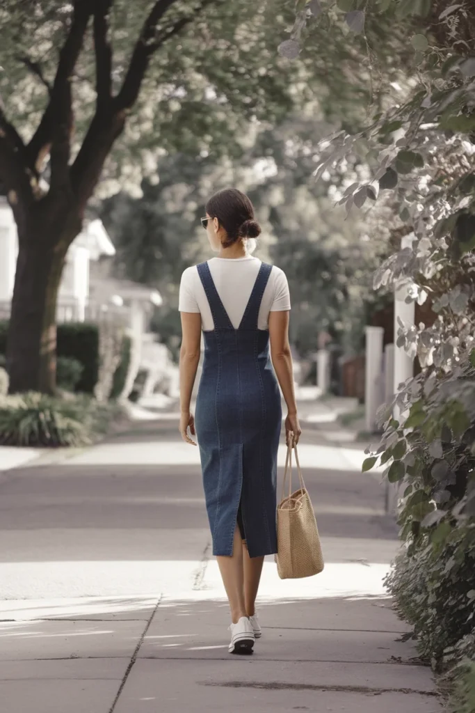 Denim pinafore dress styled with white tee, sneakers, and woven tote for spring