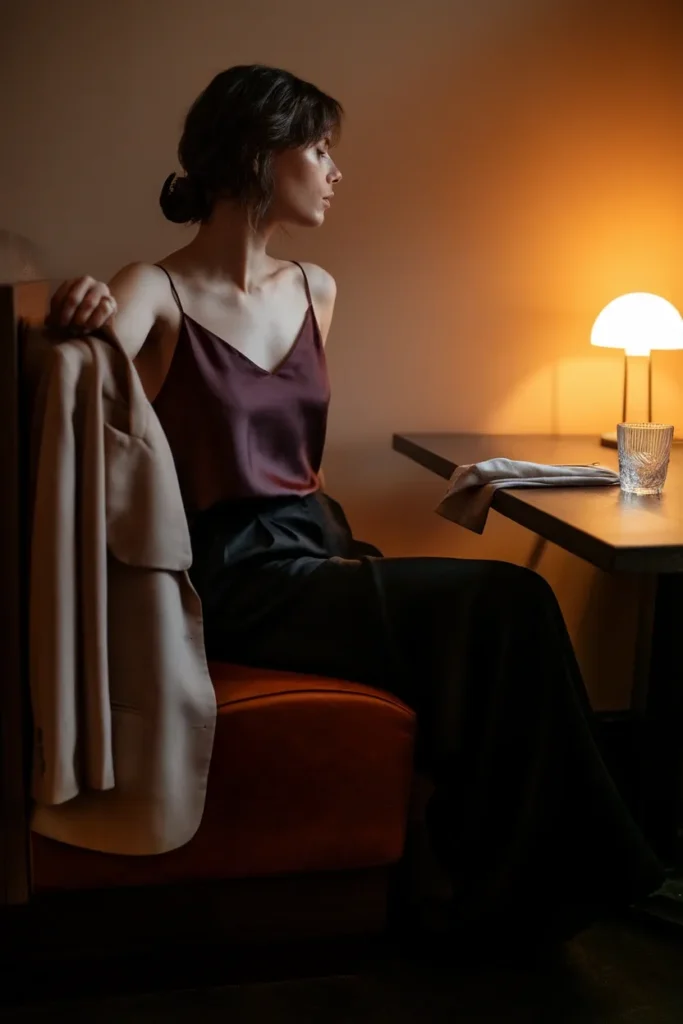 Dinner date outfit with black wide-leg trousers and a burgundy silk camisole in warm lamplight