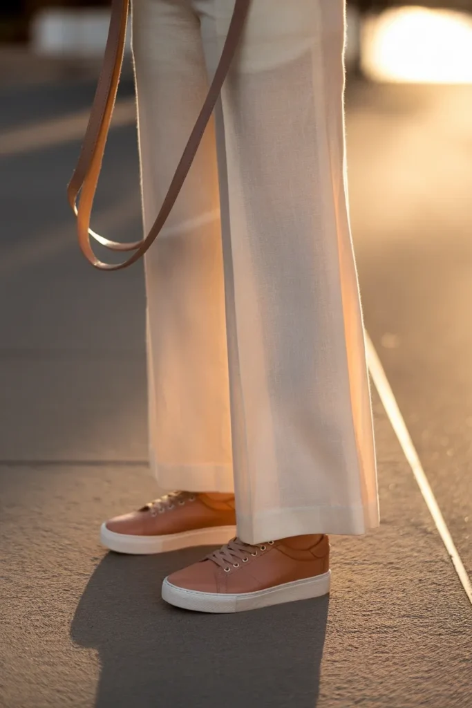 Disneyland dress code wide-leg cream trousers hemmed to clear the ground with tan sneakers