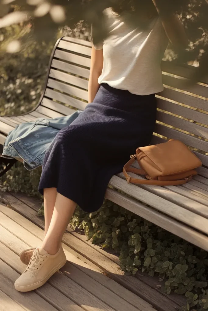 Disneyland outfit idea navy midi knit skirt, white tee, denim jacket, and cream sneakers