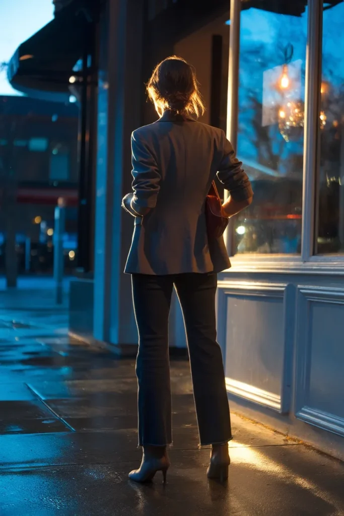 Drinks date outfit with dark jeans, structured black blazer and heeled ankle boots at dusk