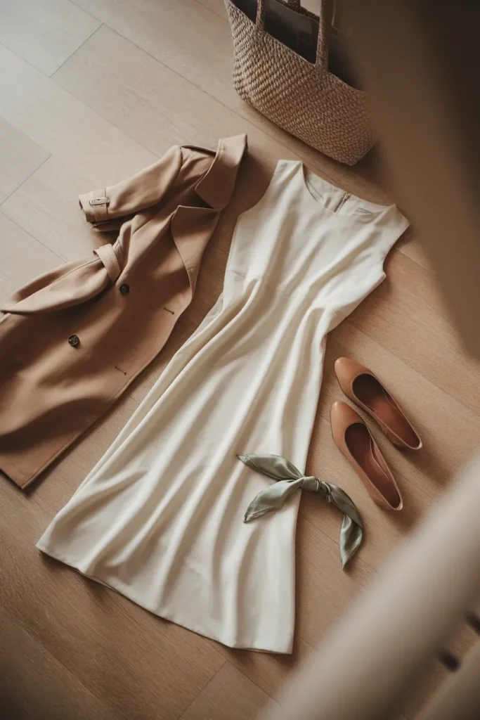 Easter outfit flat lay with cream midi dress, camel trench, ballet flats, and sage scarf
