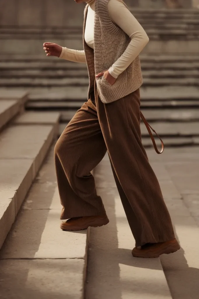 Eclectic grandpa outfit idea with knit vest, wide corduroy trousers and chunky sneakers