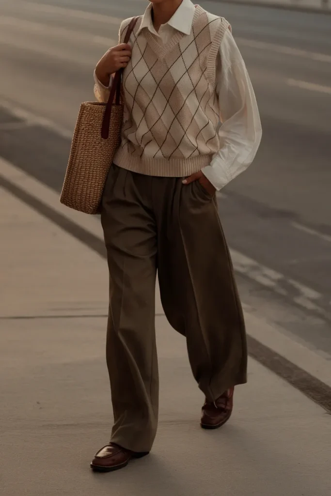 Eclectic grandpa style outfit with argyle knit vest, white shirt, brown pleated trousers and loafers
