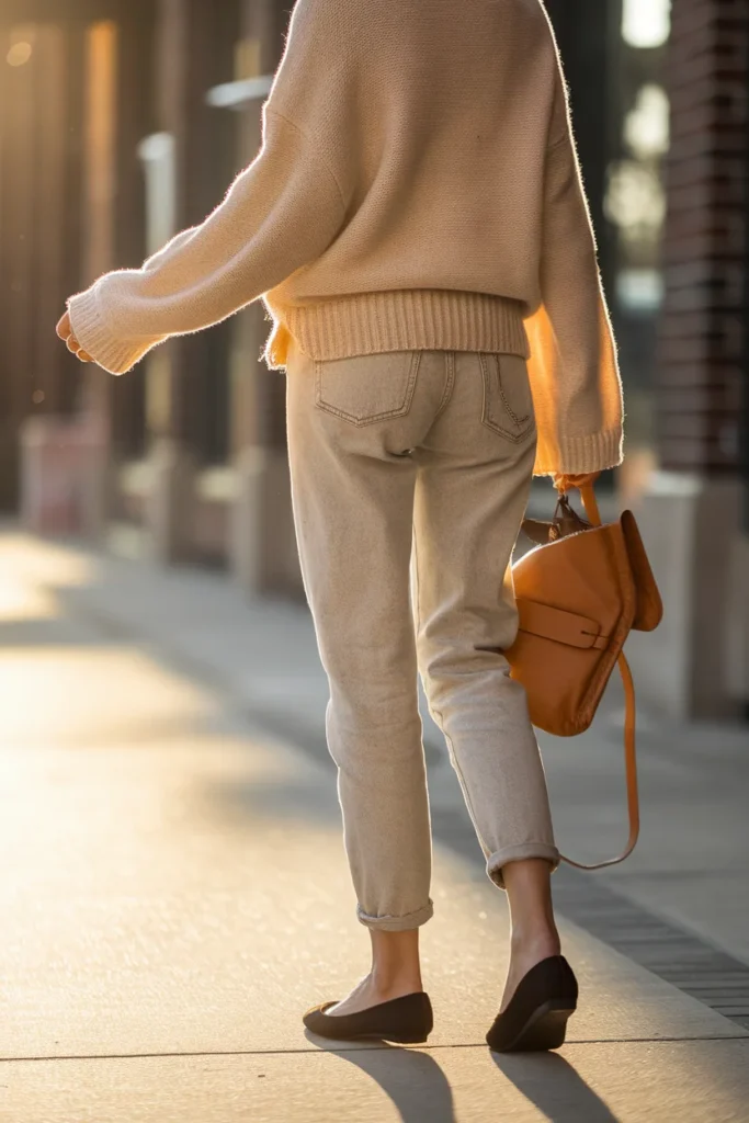 Ecru mom jeans styled with a front tucked oatmeal sweater and black ballet flats
