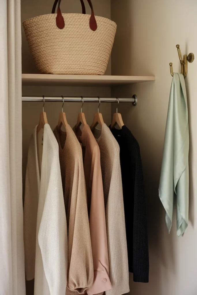 Edited closet of neutral capsule pieces in ivory, oat, camel, and taupe on wooden hangers