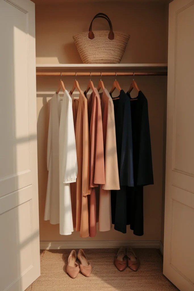 Edited closet rail of neutral occasion pieces on wooden hangers in warm lamplight