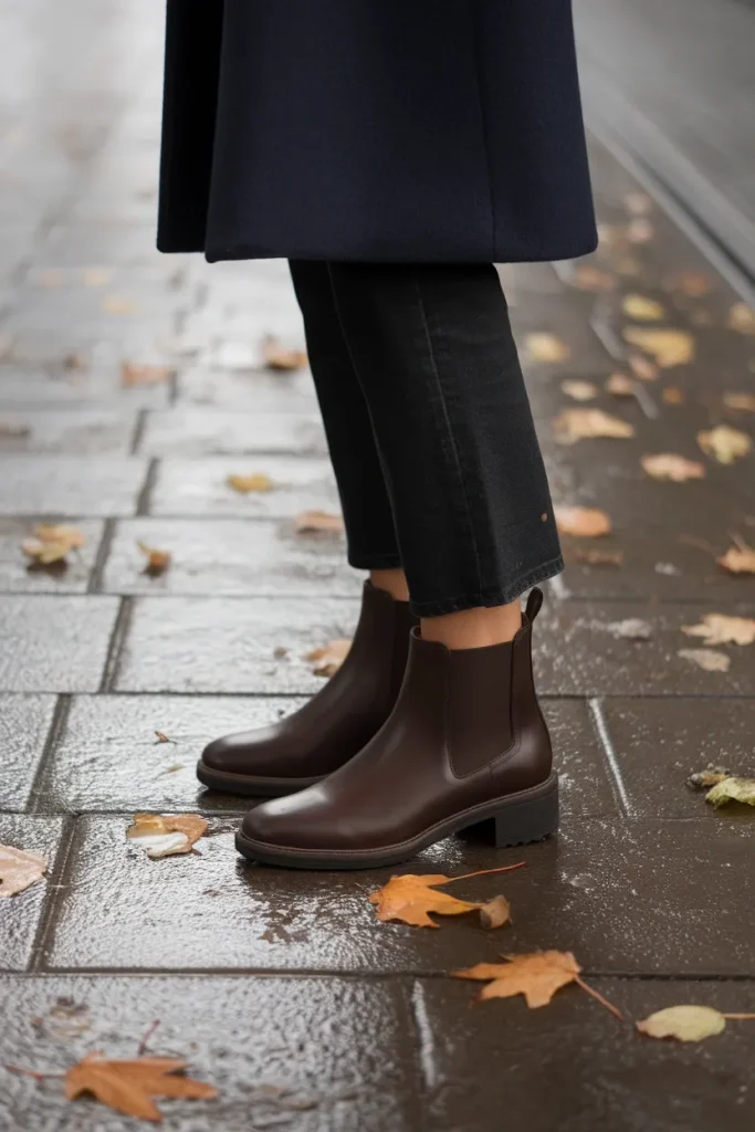 Espresso Chelsea ankle boots worn with straight leg jeans on damp autumn pavement
